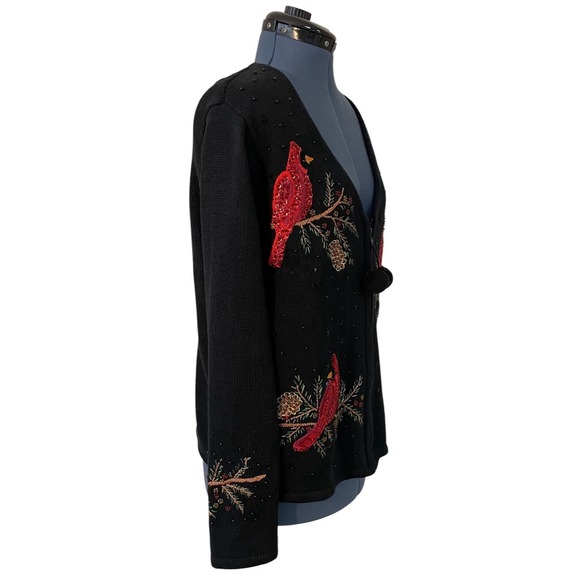 VTG Tiara International Christmas Gay Cardinal Zip Cardigan Black Red Sequin XL - Picture 2 of 12